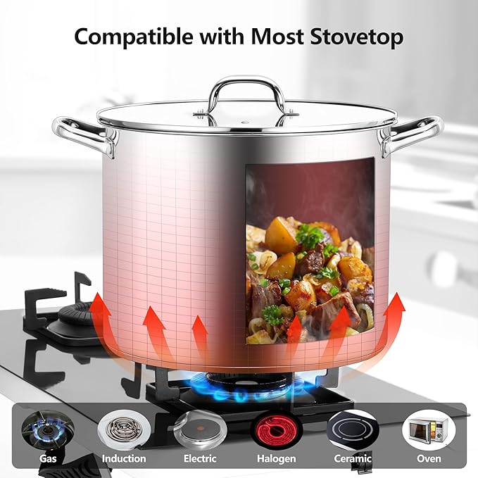 Homikit 20 Quart Soup Pot with Lid, Large Stainless Steel Stock Pot with Double Handles, Heavy Duty Cookware Induction Stockpot for Canning Steaming Simmering, Compatible All Cooktops, Dishwasher Safe - Image 5