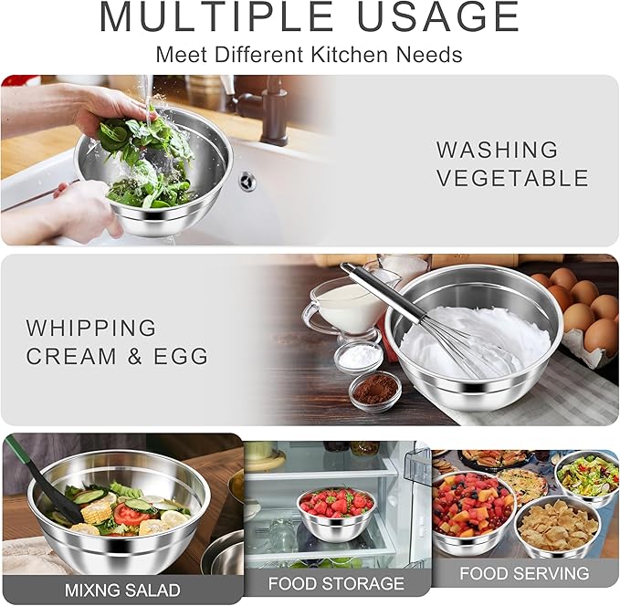 HaWare Mixing Bowls with Airtight Lids, 6-Piece Stainless Steel Salad Bowls, Strong Nesting Bowls for Cooking, Prepping, Baking, Serving & Food Storage, Stackable Design, Size 4.6, 3, 1.5QT, Khaki - Image 6