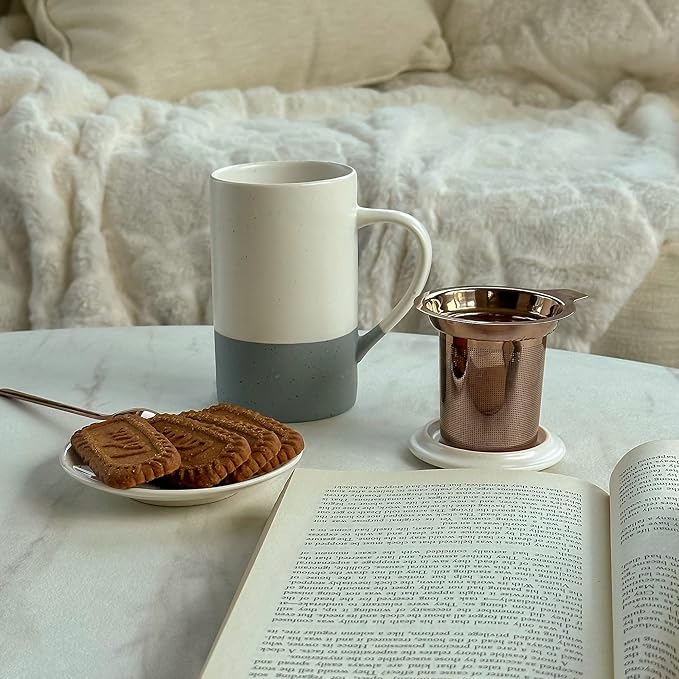 Mora Ceramics Tea Cup with Loose Leaf Infuser, Spoon and Lid, 12 oz, Microwave and Dishwasher Safe Coffee Mug - Rustic Matte Ceramic Glaze, Modern Herbal Tea Strainer - Great Gift for Women, Flint - Image 7