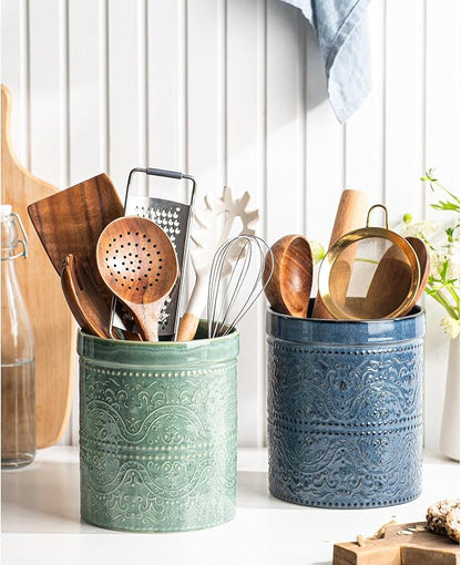 Kitchen Utensil Holder, 7 Inches Large Ceramic Utensil Holder for Countertop, Lace Emboss Cooking Utensil Crocks for Kitchen, Home Decor, Reactive Blue - Image 2