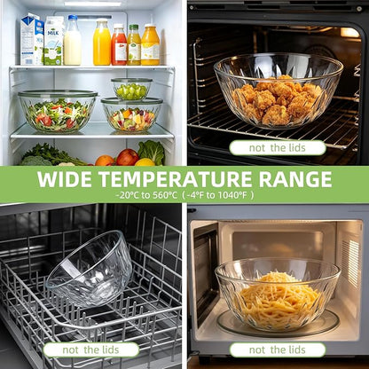 Luvan 5-Pack Glass Mixing Bowls with Lids Set - Leaf Pattern Clear Serving Bowls with Dark Green Translucent Lids, Nesting Borosilicate Salad Bowl, Dishwasher & Microwave Safe - Image 5