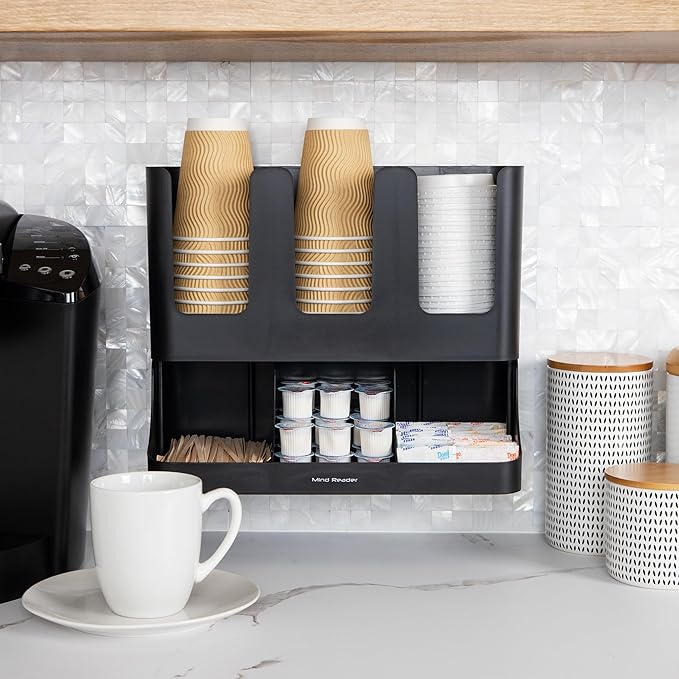 Mind Reader Cup and Condiment Station, 13 Inch Countertop Coffee Bar Organizer with 6 Compartments, Storage Caddy for Cups, Lids and Packets, Plastic, Black - Image 6