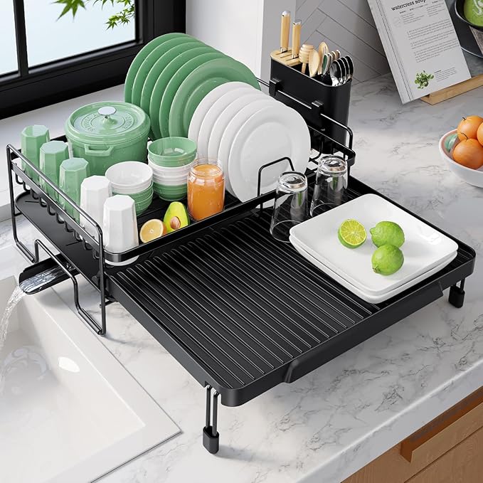 Kitsure Extendable Dish Drying Rack - Adjustable Length 12.8"–21.0", Auto-Draining Dish Rack for Kitchen Counter, Rust-Resistant Metal Frame Over-Sink Support for Plates, Bowls & Utensils, Black by Kitsure