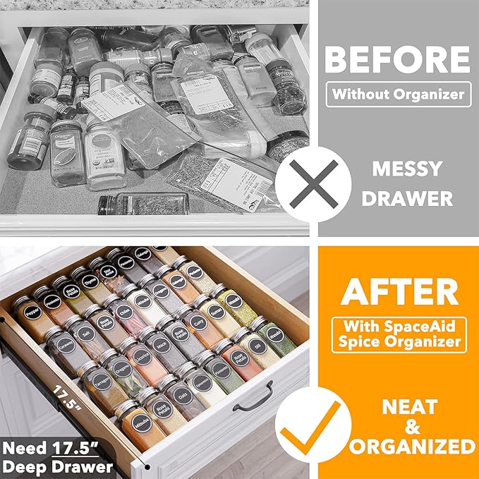 SpaceAid Spice Drawer Organizer with 32 Spice Jars, 386 Spice Labels, 4 Tier Seasoning Rack Tray Insert for Kitchen Drawers, 15" Wide x 17.5" Deep - Image 2