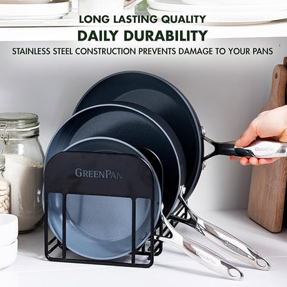 GreenPan Stainless Steel Wire Cookware Storage Rack, 5 Frying Pan Compartments, Countertop or Cabinent Organizer, Minimizes Clutter, Fast Drying, Wipes Clean, Black