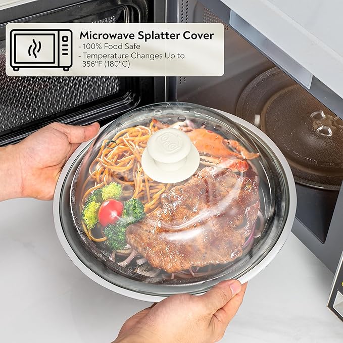 OEC Lighter Weight Tempered Glass Microwave Splatter Cover - 10 inch (Inner Diameter 8.7”) - Heat-Resistant - Durable Glass Lid with Vent, Silicone Knob, Dishwasher Safe, 100% Food Grade - BPA Free - Image 6