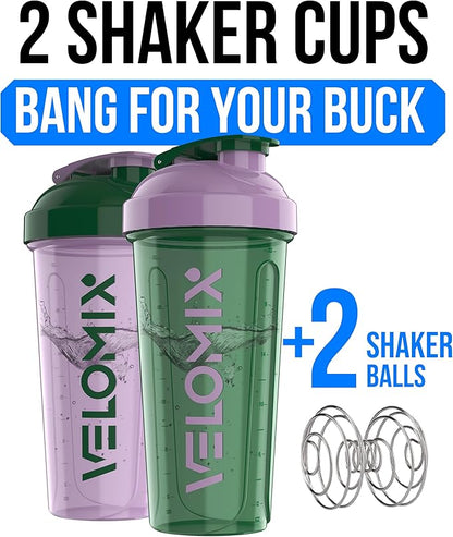 VELOMIX -2 Pack- 28 oz Protein Shaker Bottles for Protein Mixes - 2x Wire Whisk | Leak Proof Shaker Cups for Protein Shakes and Pre Workout | Protein Shaker Bottle Pack (B3) Flower Set