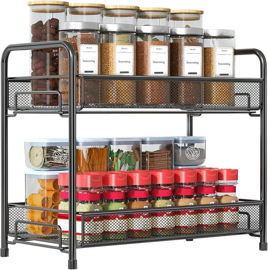 Spice Rack Organizer for Countertop,Xpatee 2-Tier Foldable Metal Rust-Proof Standing Large Seasoning Storage Shelf with Guardrail and Mesh Design for Kitchen Cabinet Bathroom Living Room Pantry, Black by Xpatee
