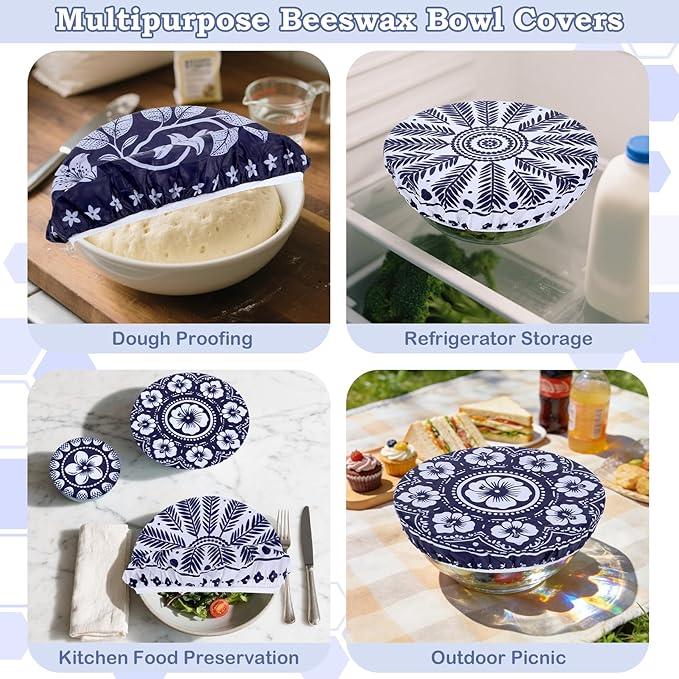 5-Size Reusable Beeswax Bowl Covers for Bread Proofing, Cotton Cloth Flexible Beeswax Wraps for Food Storage(Blue Lily) - Image 5