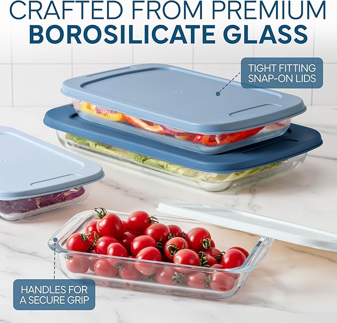 COOK WITH COLOR 8-Piece Deep Glass Baking Dish Set with Plastic Lids – Casserole and Food Storage Containers for Lasagna, Leftovers – Freezer-to-Oven, Microwave & Dishwasher Safe, Blue - Image 5