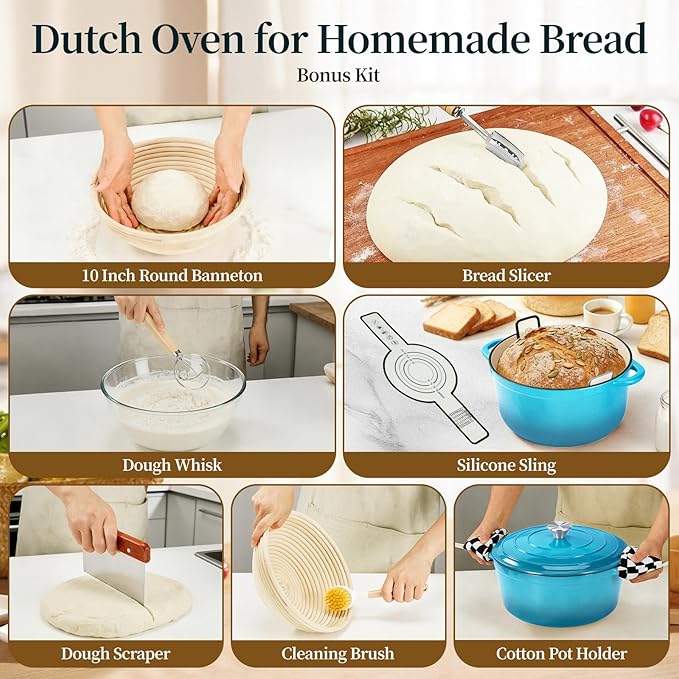 Enameled Cast Iron Dutch Oven with Lid -6.5 QT, incl. Sourdough Bread-Baking Supplies like Banneton Proofing Basket, Heavy Duty Cookware Bread-Oven for Baking, Stews, and Roasting, Sea Blue - Image 4