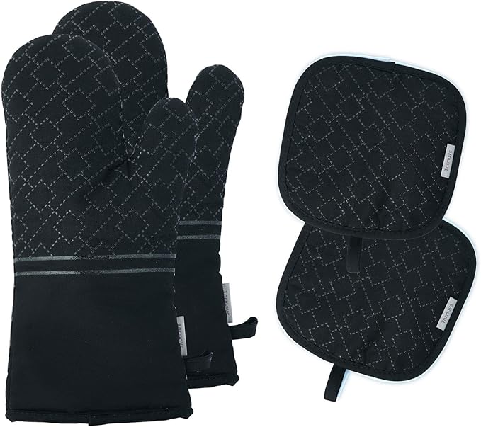 4Pcs Oven Mitts and Pot Holders Set, 572F Heat Resistant Oven Glove, Soft Cotton Lining with Non-Slip Surface for Kitchen Baking BBQ (Black) by Tormays