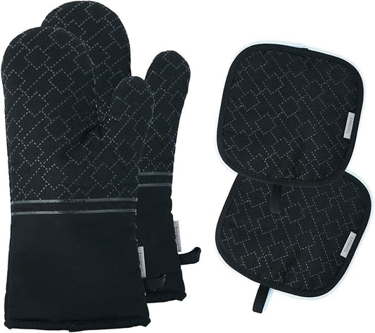 4Pcs Oven Mitts and Pot Holders Set, 572F Heat Resistant Oven Glove, Soft Cotton Lining with Non-Slip Surface for Kitchen Baking BBQ (Black) by Tormays