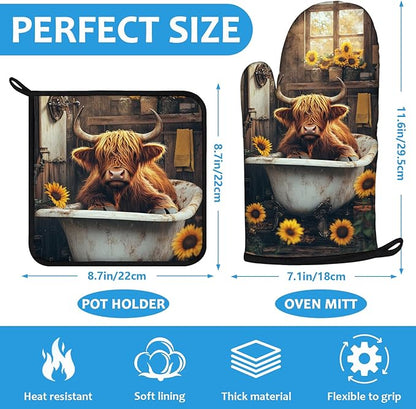 Highland Cow Sunflower Oven Mitts and Pot Holders Sets Heat Resistant 4Pcs Potholders Oven Gloves Hot Pads for Kitchen Baking Cooking Grilling BBQ