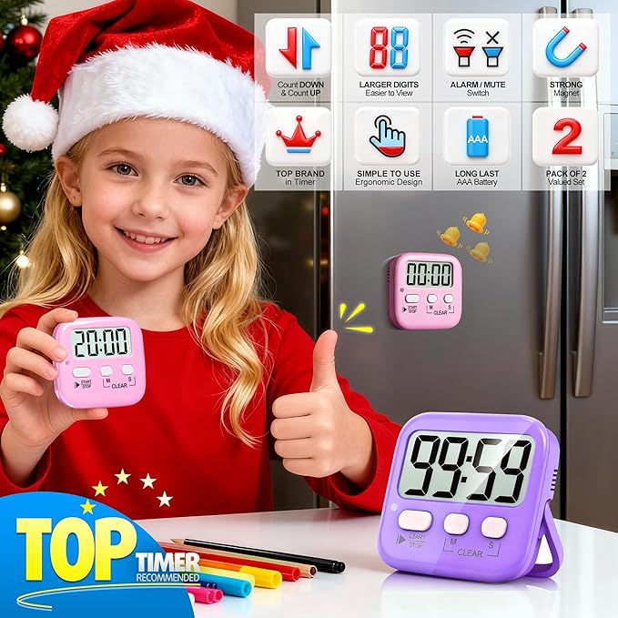 Antonki 2 Pack Digital Timer for Kids, Magnetic Countdown Kitchen Timers for Cooking, Egg, Classroom, Teacher, Exercise, Study, Oven - Battery Included - Image 3