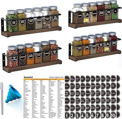 SpaceAid Spice Rack with 24 Spice Jars, 386 Spice Labels, Chalk Marker and Funnel, Wood Hanging Seasoning Shelf for Cabinet Door or Wall Mount (4 Pack) by SpaceAid