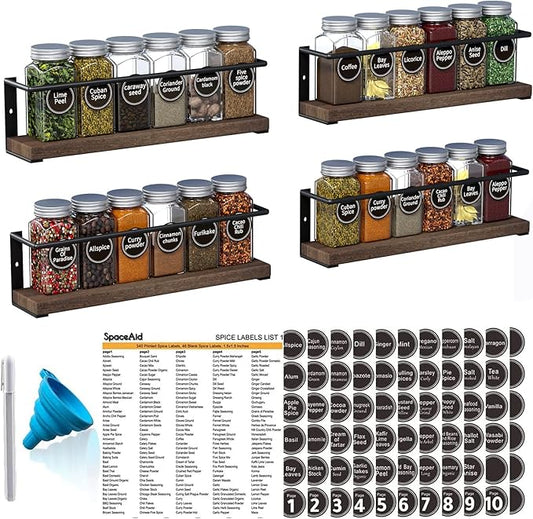 SpaceAid Spice Rack with 24 Spice Jars, 386 Spice Labels, Chalk Marker and Funnel, Wood Hanging Seasoning Shelf for Cabinet Door or Wall Mount (4 Pack) by SpaceAid