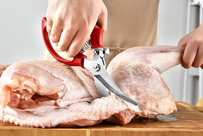 Heavy Duty Poultry Shears - Kitchen Scissors for Cutting Chicken, Poultry, Game, Meat - Chopping Vegetable - Spring Loaded - Red