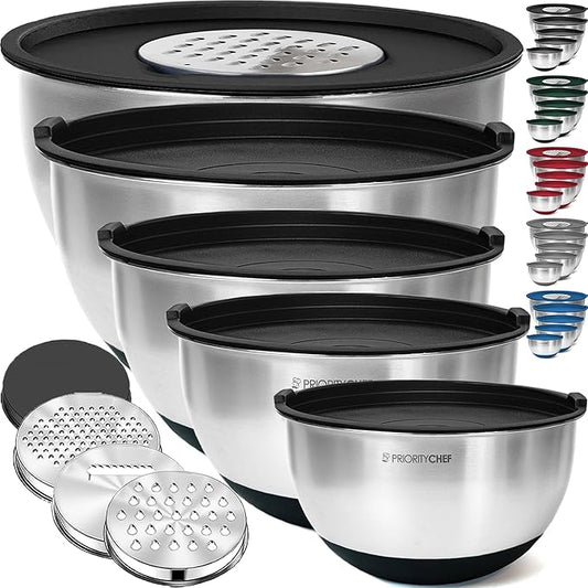 Priority Chef Stainless Steel Mixing Bowls with Lids Set, 3 Grater Attachments, Airtight Lids, Non-Slip Silicone Base Mixing Bowl Set, Large Prep Metal Mixing Bowls for Kitchen, Black by PriorityChef