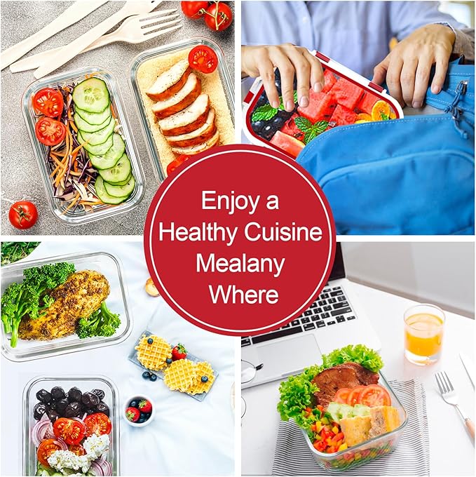 VERONES 10Pack Glass Meal Prep Containers, Airtight Glass Lunch Containers,Stackable Glass Food Storage Containers Set with Lids,Exclusive of BPA, for Microwave,Oven, Freezer&Dishwasher Friendly,Red - Image 6