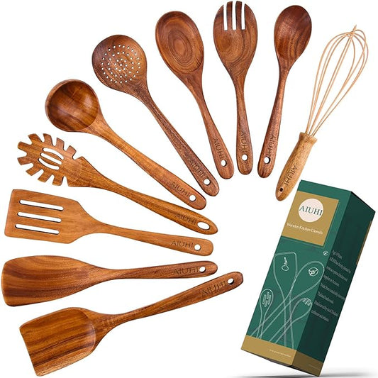 AIUHI 10 Pack Wooden Spoons for Cooking, Teak Wood Kitchen Utensils Set for Non Stick Use, Spatula Set for Stirring, Baking, Non Stick Wooden Utensils for Kitchen by AIUHI