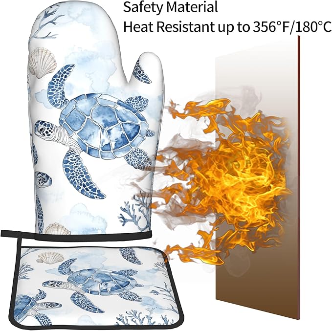Navy Blue Ocean Sea Turtle Oven Mitts and Pot Holders Sets of 2 Summer Gift for Cooking Enthusiasts Coastal Beach Nautical Coral Kitchen Gloves for Baking BBQ Cooking Grilling Decor - Image 5