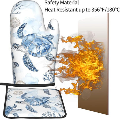 Navy Blue Ocean Sea Turtle Oven Mitts and Pot Holders Sets of 2 Summer Gift for Cooking Enthusiasts Coastal Beach Nautical Coral Kitchen Gloves for Baking BBQ Cooking Grilling Decor - Image 5