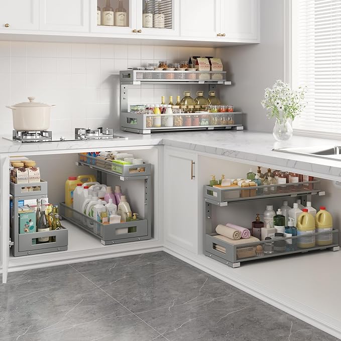 2 Pack 20.47IN Depth Under Sink Storage Organizer, Large 2-Tier Elegant Mesh Pull Out Shelf for Kitchen and Bathroom Cabinet Organization, L-Shaped and Adjustable Height Design-Gun Gray - Image 6