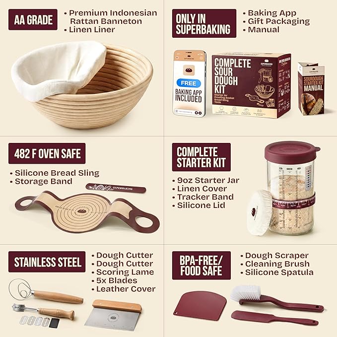 Superbaking Sourdough Starter Kit, 9" Splinter-Free Banneton Bread Proofing Basket Set with Non-Stick Silicone Dough Sling & Glass Starter Jar Kit, Sourdough Bread Baking Supplies, Sourdough Tools - Image 3