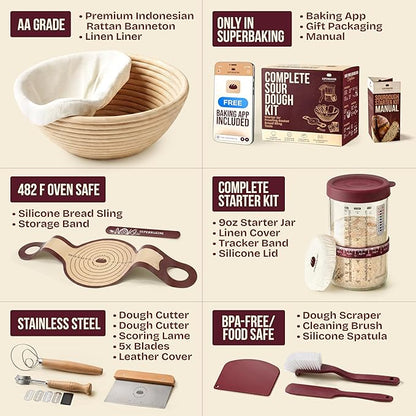 Superbaking Sourdough Starter Kit, 9" Splinter-Free Banneton Bread Proofing Basket Set with Non-Stick Silicone Dough Sling & Glass Starter Jar Kit, Sourdough Bread Baking Supplies, Sourdough Tools - Image 3