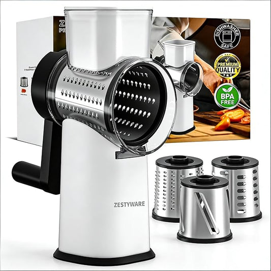 Rotary Cheese Grater Hand Crank with Foldable Handle, 3 Stainless Steel Blades, Perfect Graters for Kitchen, Manual Cheese Shredder Hand Crank with Suction Base, Rotary Grader (White)