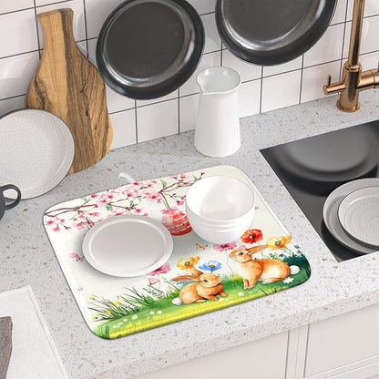 Giwawa Easter Bunny Dish Drying Mat, Spring Rabbits Eggs Hunt Dish Drainer Mats for Kitchen Countertop, Watercolor Floral Absorbent Reversible Dish Drying Pad Decor, 16x18inches, Small