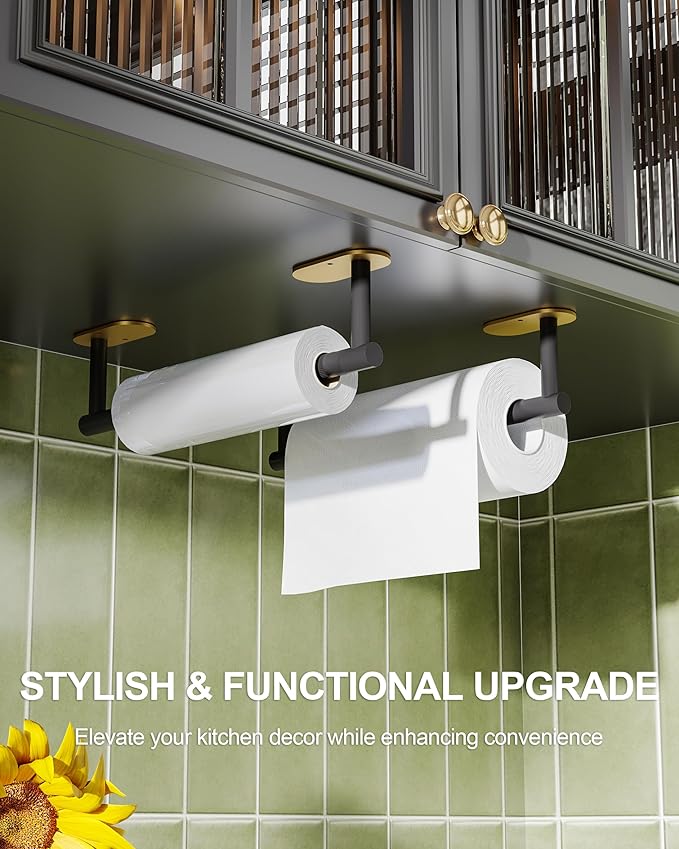 Paper Towel Holder Under Cabinet Black and Gold, Self Adhesive or Wall Mounted SUS304 Stainless Steel Paper Towel Holder for Kitchen, Bathroom, Farmhouse, Barbecue and Laundry (Black&Gold) - Image 2