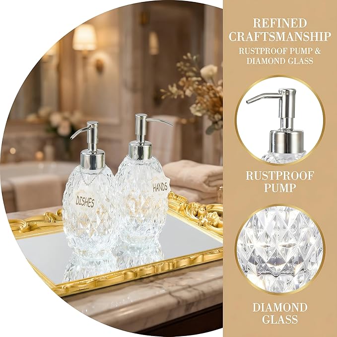 MALACHI Soap Dispenser Set, Crystal-Textured Diamond Glass with Rustproof Stainless Steel Pump, Dual-Labelled Hand & Dish Soap Dispenser for Kitchen & Bathroom