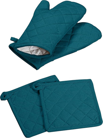 Oven Mitt & Pot Holder 100% Cotton Heat Resistant Kitchen Oven Mitt (7"x13") & Pot Holder (8"x8") for Gifts, Chef, Restaurants - Teal