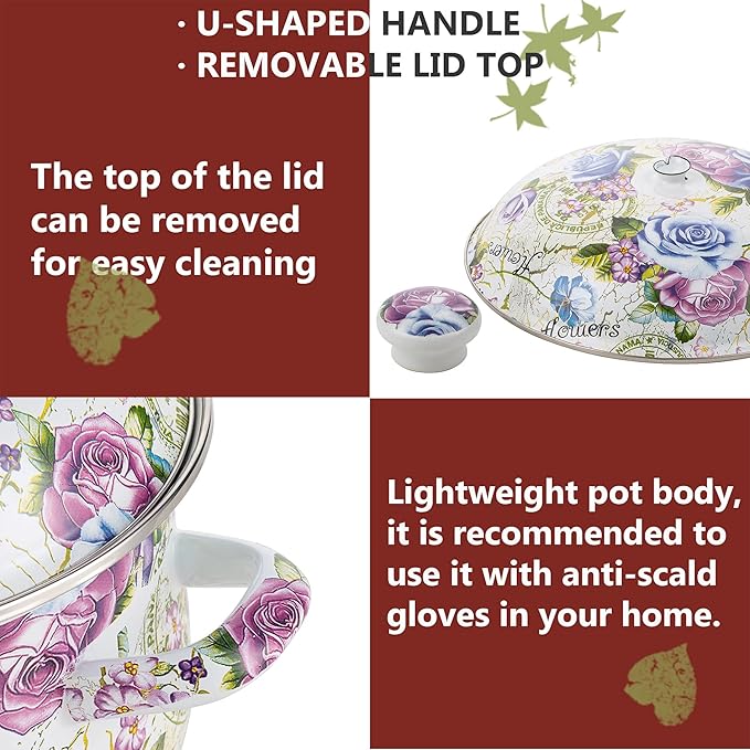 Retro Flower Enamel Stockpot with Lid,Stockpots for Cooking,Retro Classic Design(5L-Blue Rose) - Image 6
