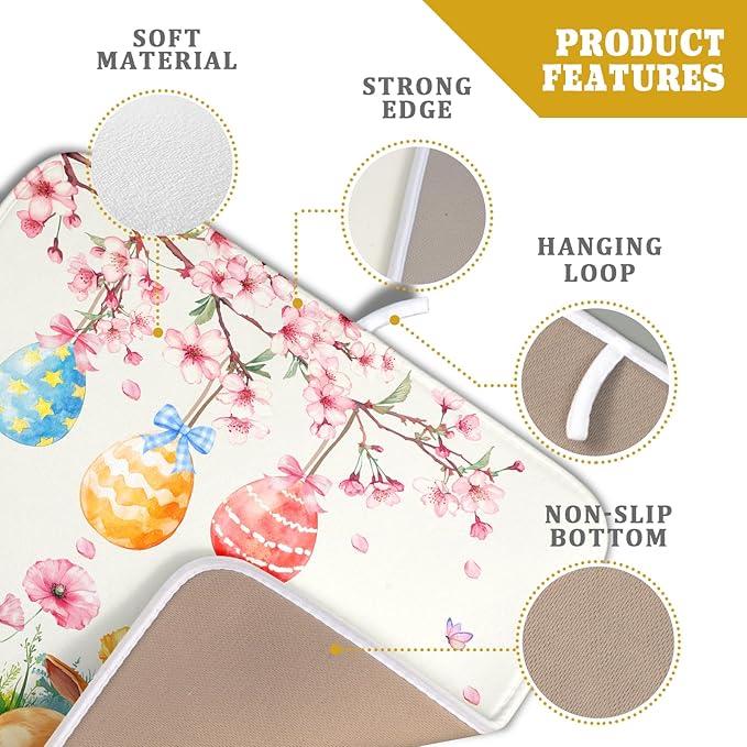 Giwawa Easter Bunny Dish Drying Mat, Spring Rabbits Eggs Hunt Dish Drainer Mats for Kitchen Countertop, Watercolor Floral Absorbent Reversible Dish Drying Pad Decor, 16x18inches, Small