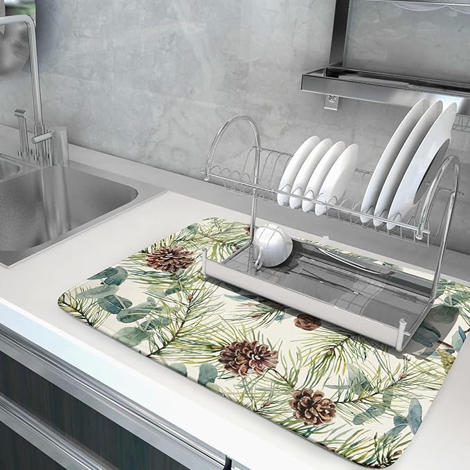 Winter Christmas Dish Drying Mat for Kitchen Counter 18x24 Evergreen Leaves Pinecone Holiday Theme Absorbent Reversible Microfiber Drying Mats Kitchen Countertop Protector Dishes Drainer Pad - Image 5