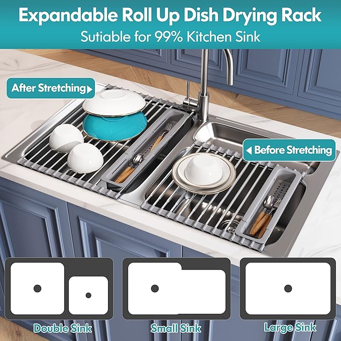JASIWAY Roll Up Dish Drying Rack, Expandable (12.8"-23.8" D x 12.8" W) Stainless Steel Portable Drainer for Kitchen Sink Counter, Foldable Over The Sink Cover with Removable Utensil Holder - Image 3