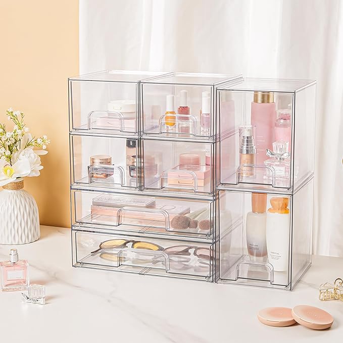Vtopmart Stackable Storage Drawers Set of 8, Clear Plastic Organizer Bins for Bathroom Supplies,Ideal for Cabinet,Pantry,Laundry Room Organization - Image 2