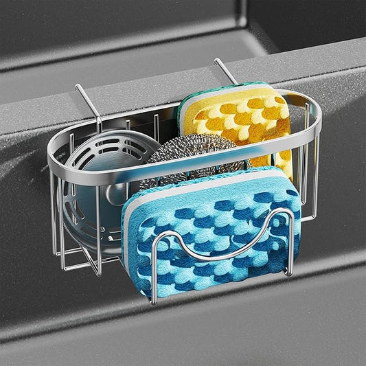 HapiRm Sponge Holder for Kitchen Sink - Rustproof Hanging Kitchen Caddy for Double-Bowl Sink, Center Divider Width Less Than 1.5in- Silver by HapiRm