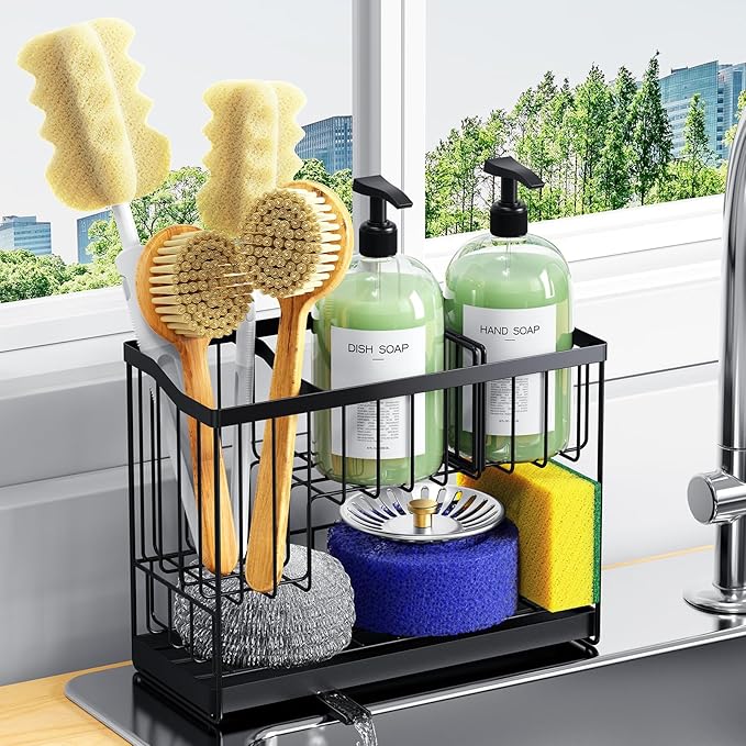 Kitchen Sink Caddy, 2-Tier Self-Draining Sponge & Dish Brush Holder, Rustproof 304 Stainless Steel Space-Saving Organizer with Drying Tray, Black by DYFVPOUKITCHENLIFE