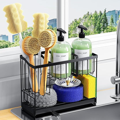 Kitchen Sink Caddy, 2-Tier Self-Draining Sponge & Dish Brush Holder, Rustproof 304 Stainless Steel Space-Saving Organizer with Drying Tray, Black by DYFVPOUKITCHENLIFE