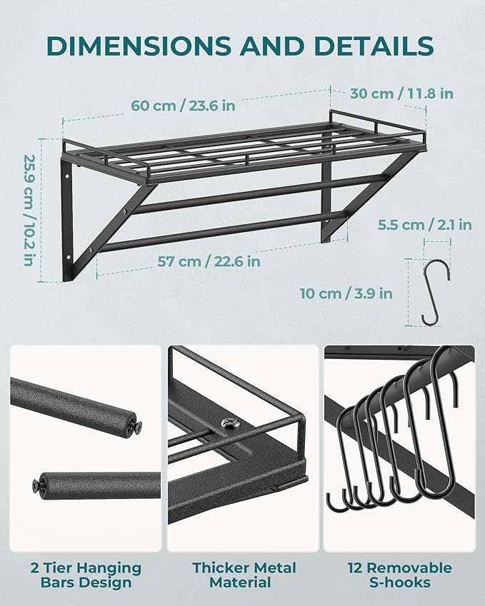OROPY 23 Inch Wall Mounted Pot Rack Storage Shelf with 2 Tier Hanging Rails 12 S Hooks included, Ideal for Pans, Utensils, Cookware, Plant Black - Image 4