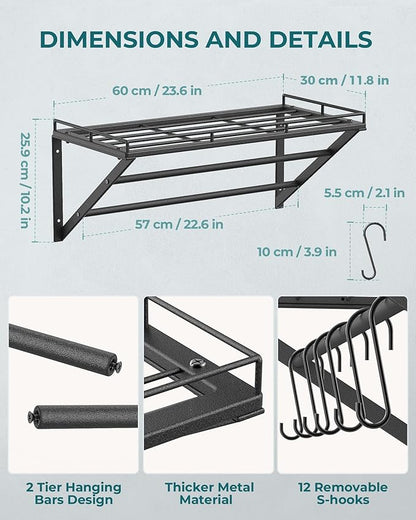 OROPY 23 Inch Wall Mounted Pot Rack Storage Shelf with 2 Tier Hanging Rails 12 S Hooks included, Ideal for Pans, Utensils, Cookware, Plant Black - Image 4
