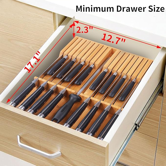 Utoplike In-drawer Knife Block Bamboo Kitchen Knife Drawer Organizer Large, handle Steak knife Holder without Knives, Fit for 16 Knife and 1 Sharpening Steel (Knives & Sharpening Not Included) - Image 7
