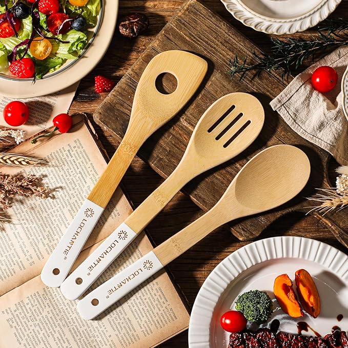 Wooden Spoons for Cooking Bamboo Utensils Set (6 Pieces) - Essential Tools Wooden Spatula & Spoons for Everyday Stirring, Mixing, Flipping & Serving, Gentle on Nonstick Cookware, White - Image 7