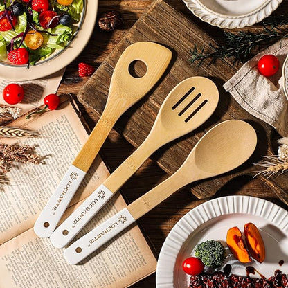 Wooden Spoons for Cooking Bamboo Utensils Set (6 Pieces) - Essential Tools Wooden Spatula & Spoons for Everyday Stirring, Mixing, Flipping & Serving, Gentle on Nonstick Cookware, White - Image 7