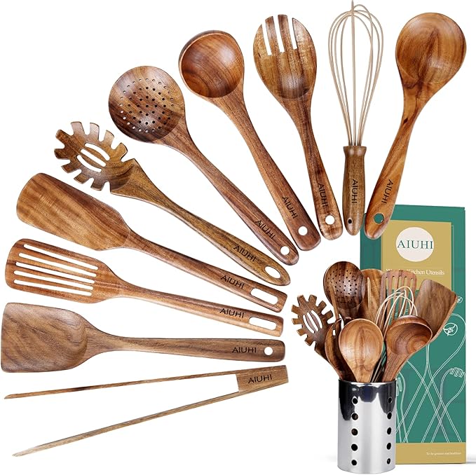 Kitchen Utenails Set with Holder,Kitchen Wooden Utensils for Cooking, Wood Utensil Natural Teak Wood Spoons for Cooking,Wooden Kitchen Utensil Set With Spatula and Ladle (11) by AIUHI