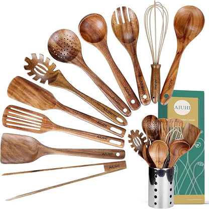 Kitchen Utenails Set with Holder,Kitchen Wooden Utensils for Cooking, Wood Utensil Natural Teak Wood Spoons for Cooking,Wooden Kitchen Utensil Set With Spatula and Ladle (11) by AIUHI